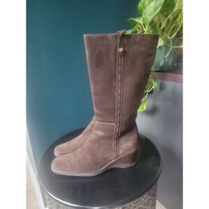 Aquatalia Brown Suede Zip Button Wedge Knee High Square Toe Boots Women's 9.5